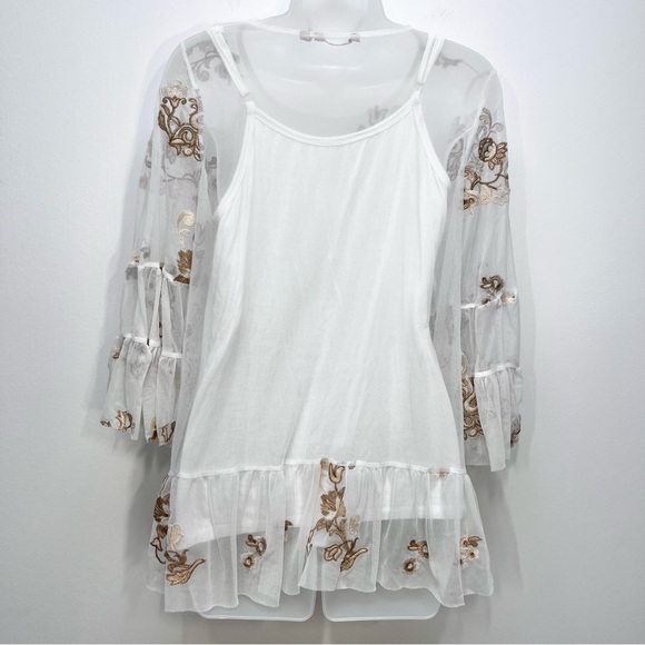 Soft Surroundings Embroidered Mesh Layered Top White Brown Tan Size Small - Picture 8 of 12